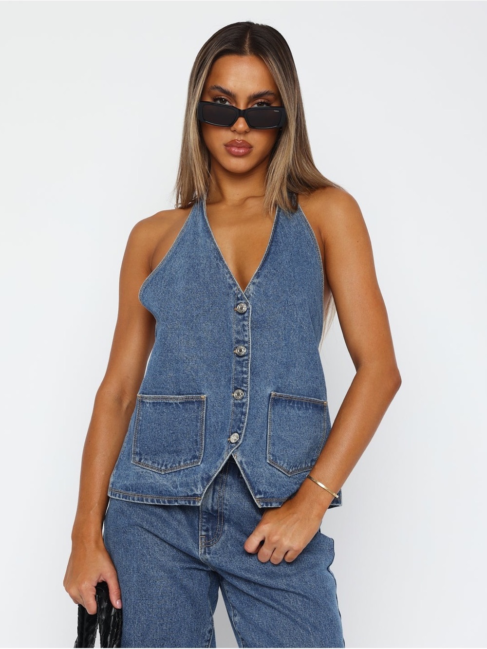 White Fox Boutique Blue Denim Halter Button-Front Tank